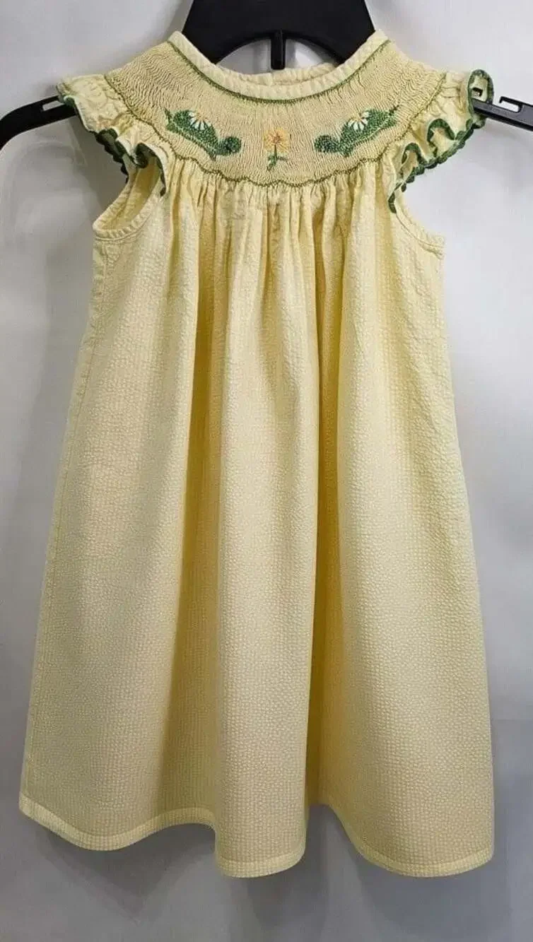 Rosalina Hand Smocked Yellow Seersucker Daisy Flower Dress